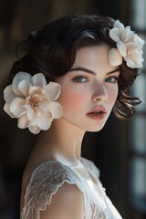 Naklejka premium Elegant Vintage Hairstyle with Floral Accent