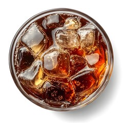 Overhead Shot of Sparkling Soda Drink with Ice Cubes in Transparent Glass