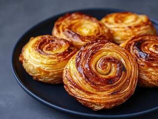 Scandinavian Puff Pastry Delights on Vintage Blue Plate, Golden-Brown Crust with Soft Earthy Tones, Natural Light Close-up Photography
