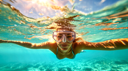 Fototapeta premium Underwater Paradise Found: Woman Explores Vibrant Coral Reef 