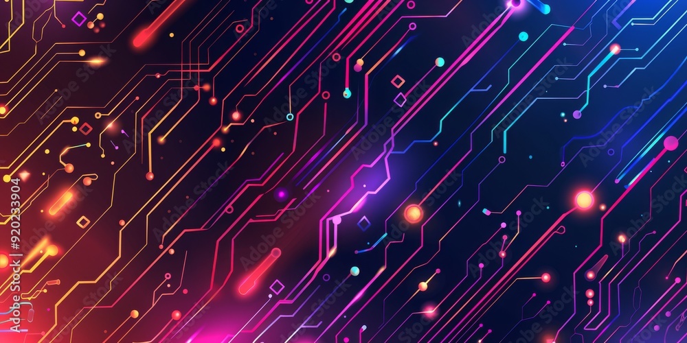 Poster a visually striking abstract representation of a circuit board with vibrant colors and glowing nodes
