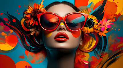 A vibrant portrait of a woman with bold sunglasses and floral accents against a colorful background.