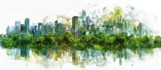 Obraz premium Modern Urban Skyline with Lush Greenery and Reflections in Water - Eco-Friendly Cityscape Concept