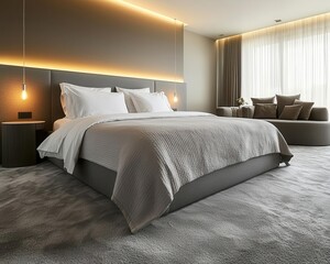 Fototapeta premium Interior shot of a stylish bedroom featuring a gray bed with crisp white pillows