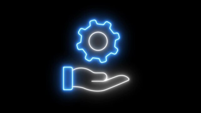 Glowing neon line hand with gear icon, Alpha channel, transparent background. 4K resolution