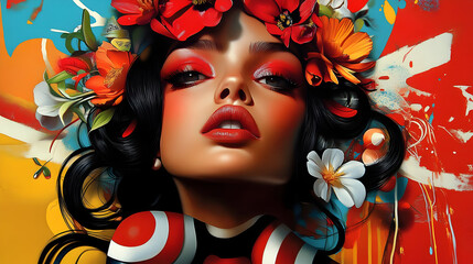 A vibrant portrait of a woman adorned with flowers, showcasing bold colors and artistic expression.