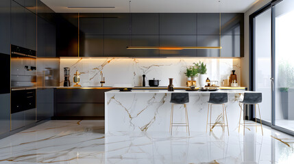 A contemporary, chic kitchen featuring stylish black and white cabinets, golden fixtures and marble tiles