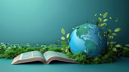 Earth and book with green plants on blue background with copy space. World of book concept.
