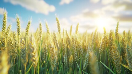 Fototapeta premium A serene cornfield bathed in golden sunlight with radiant sunbeams breaking through the foliage.