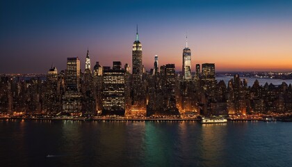 Obraz premium Lower Manhattan skyline during the blue hour with Hudson River in the foreground 8