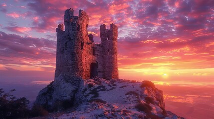 Fototapeta premium Dilapidated castle tower against a dramatic sunset, historic landmark, symbol of medieval power and legacy