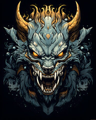 Mytical creature animal head aggressive expression illustration