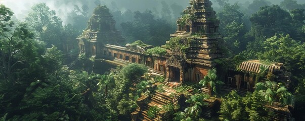 Ruined temple surrounded by dense forest, world heritage site, mysterious and spiritual ambiance