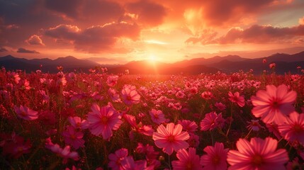 Sunset Over a Field of Cosmos Flowers
