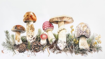 Watercolor Illustration of Forest Mushrooms