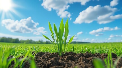 Obraz premium A vibrant green plant emerging from rich soil under a bright blue sky with fluffy clouds, representing growth and renewal.