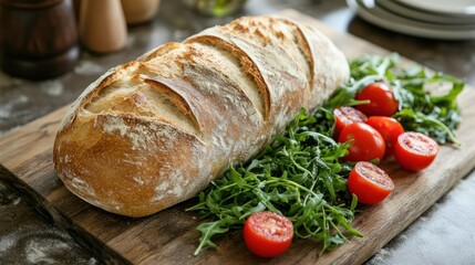 Freshly Baked Bread with Cherry Tomatoes and Arugula