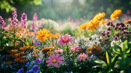 a cozy garden armchair with plush cushions, set on a stone patio surrounded by blooming garden flowers