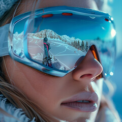 Close up of a girl with a ski mask reflecting a snowy mountain and ski slope, blue sky panoramic background, ski web abnner .