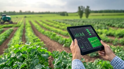 A farmer uses technology to analyze data on a tablet in a lush green field, highlighting modern agriculture practices.