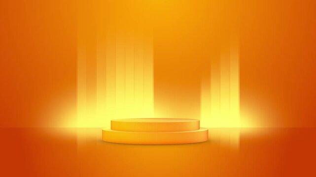 Orange podium with a bright glowing vertical lights.