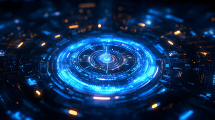 A futuristic digital interface with glowing blue and orange patterns.