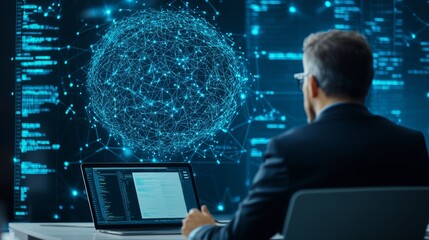 A professional analyzing data on a computer, surrounded by visual representations of network connections and information.