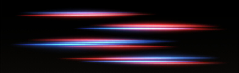 Speed lines light effect, glowing magic rays, abstract neon lines. Police or car lights in motion concept. Vector illustration.