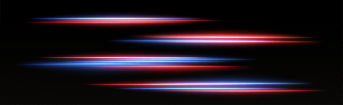 Speed lines light effect, glowing magic rays, abstract neon lines. Police or car lights in motion concept. Vector illustration.