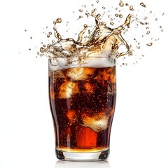 Splashing Soda Liquid in Transparent Glass with Ice Cubes on Isolated Background