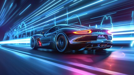 Automobile vehicle futuristic auto technology drive transportation electricity concept light speed automotive road background. copy space for text.