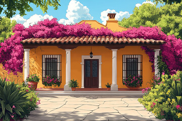 Illustration of a traditional Mexican hacienda with blooming bougainvillea.