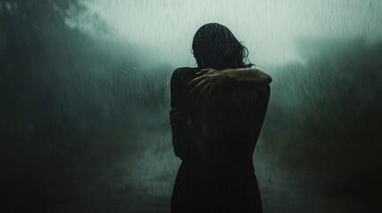 A solitary figure stands in the rain their arms wrapped tightly around themselves as they endure a storm both literal and emotional