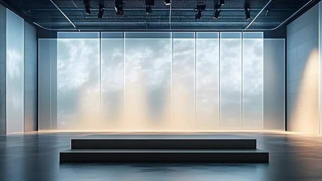 sleek, modern studio with a backdrop of floating, translucent panels. The stage features a simple, white podium with built-in lighting