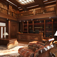 Law office with a traditional design and wood paneling,
A library with a desk and a chair

