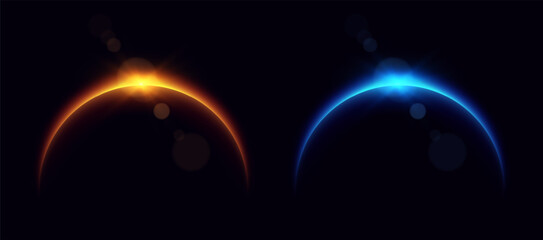 Planet eclipse, glowing flare on the horizon, sunrise over the globe. Crescent planet edge. Vector illustration