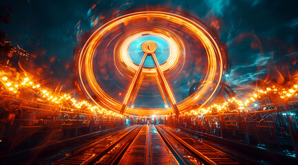 A colorful ferris wheel glows brilliantly at night, casting a warm light in the darkened landscape around it
