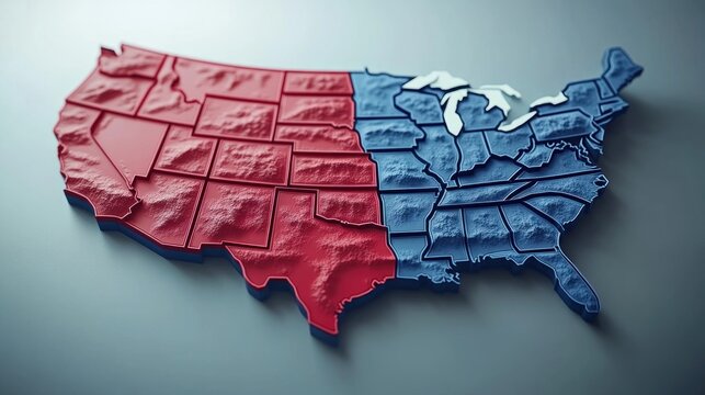 A detailed 3D animation of the U.S. electoral college map, designed in high resolution. The graphic highlights the voting power of each state, with a clean and modern design that includes significant