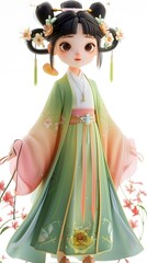 Obraz premium Adorable 3D game character of a beautiful woman in traditional Hanfu, featuring her Asian heritage against a white background. This charming design embodies the spirit of cultural richness, making it 