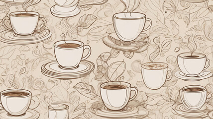 Fototapeta premium Hand-drawn coffee cups seamless pattern with leaves and steaming hot beverages on a beige background. 