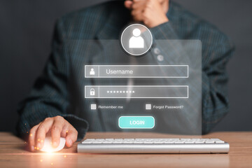 A modern login interface concept with username and password fields, featuring a person interacting...