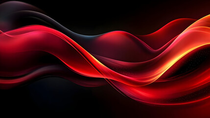 A vibrant abstract design featuring flowing red and orange waves on a dark background.
