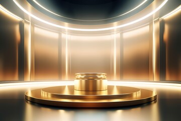 Gold podium with circular lighting in a modern room.