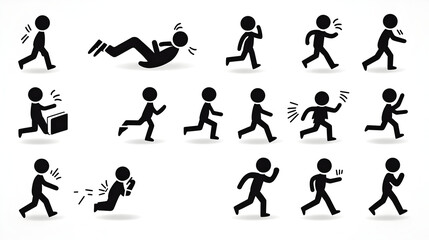 A series of stick figures depicting various walking and running motions.