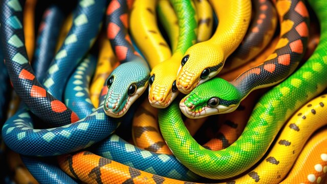 Many snakes with many colors. Generative AI illustration