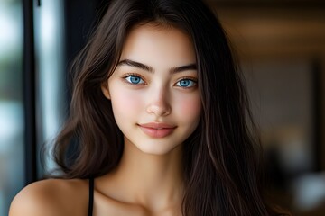 Naklejka premium Beautiful Woman With Blue Eyes Looking at Camera.