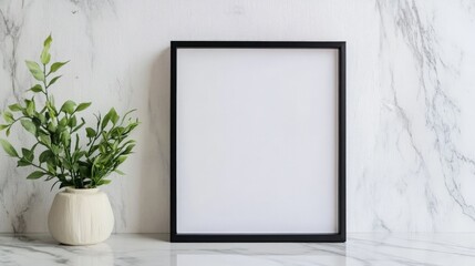 Empty Picture Frame with Plant on Marble Background