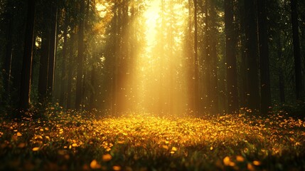 A serene forest scene illuminated by golden sunlight, showcasing a tranquil atmosphere filled with nature's beauty.