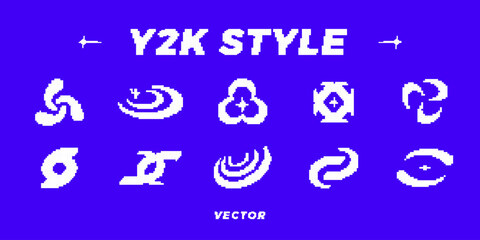 Y2K pixel style asset. Y2K retro futuristic elements for posters, flyers, banners, streetwear, social media. Pixel 8 bit vector abstract shapes, symbols, frames, objects. Y2K aesthetics.
