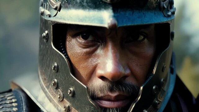 Tight shot of a samurais face revealing the intricate details of his traditional armor.